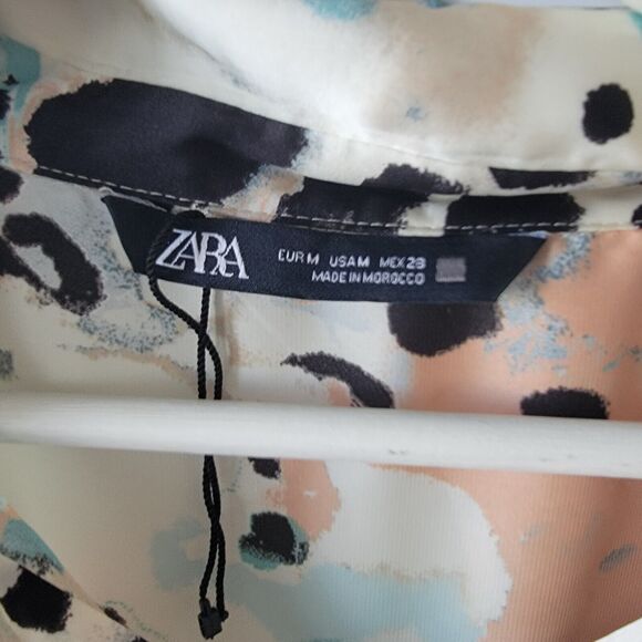 Zara Womens size M Printed Collared Long Sleeve Blouse in Blue Tan - Picture 8 of 8